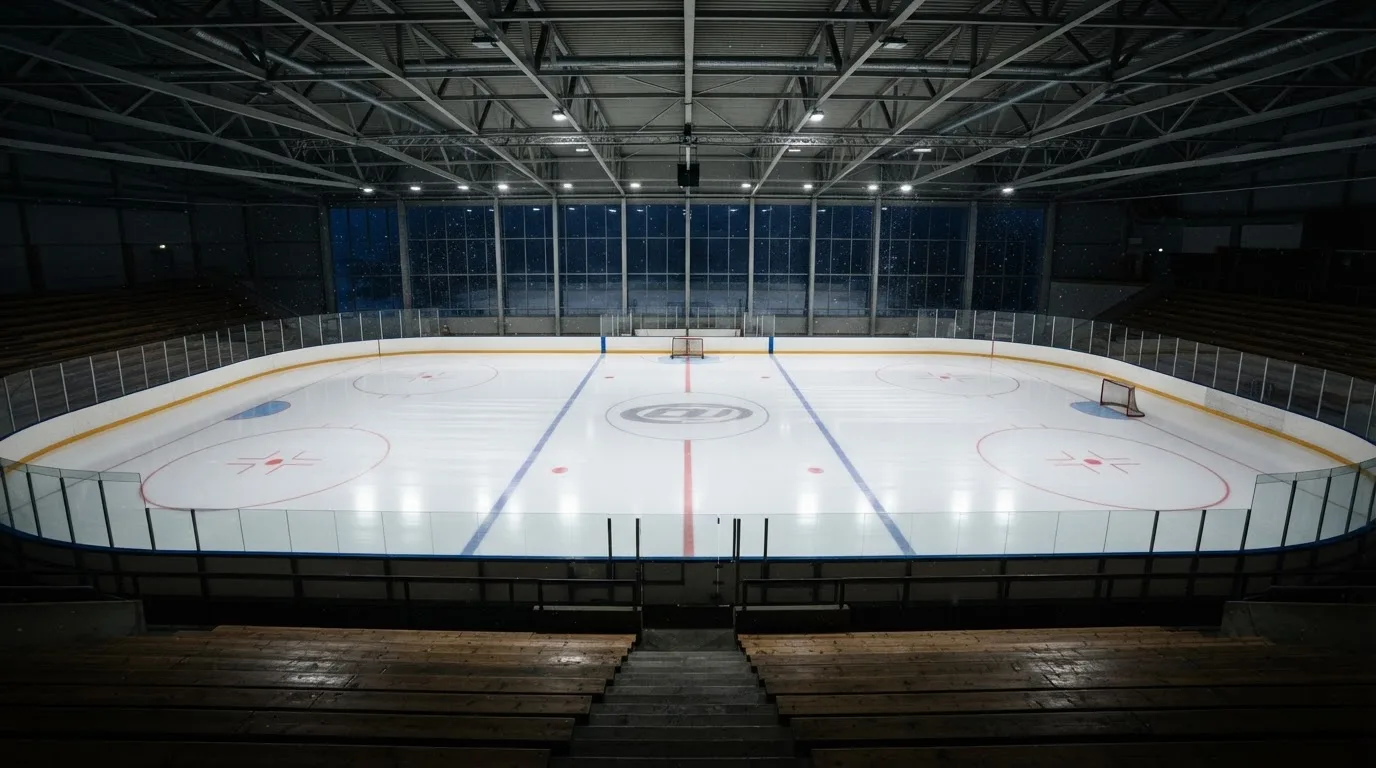 Eine Eishalle von Weitem unter Flutlicht, die leere Eisfläche glänzt, auf den Rängen sitzt niemand, draussen liegt Schnee.