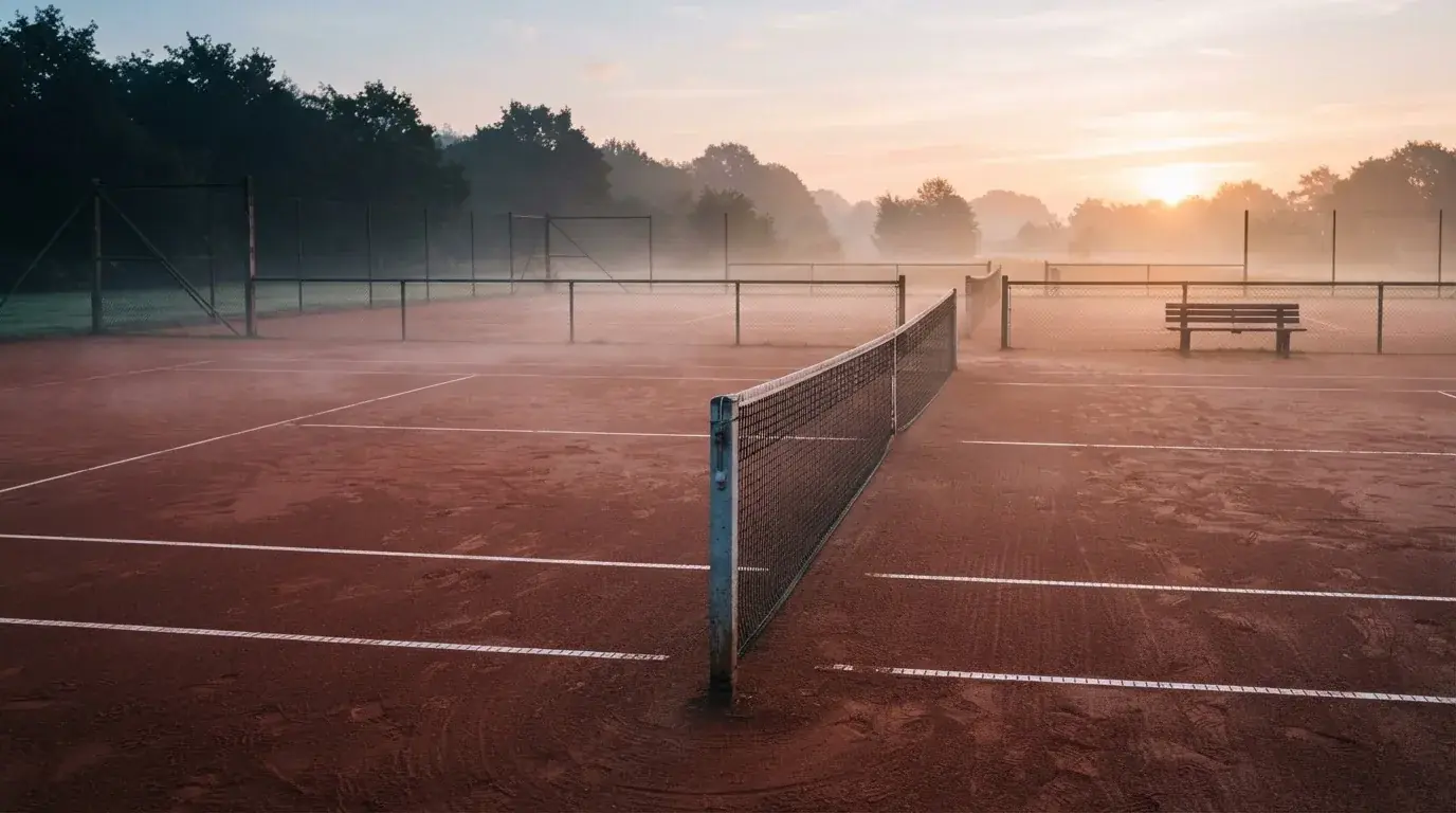 Ein Tennisplatz bei Sonnenaufgang, die Linien frisch gezogen, das Netz in der Mitte und Nebel über dem Boden.