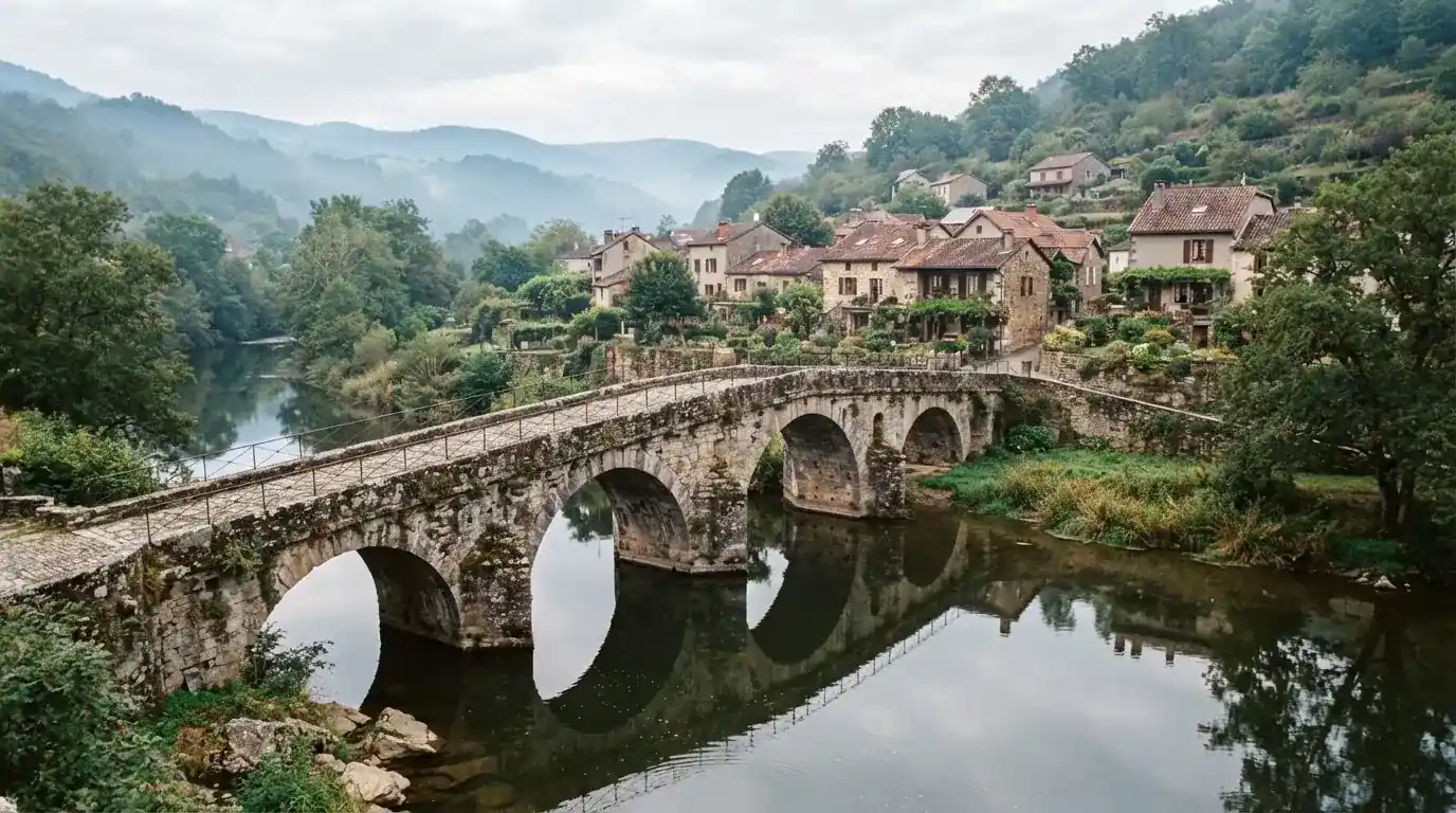 Eine alte Steinbrücke über einen ruhigen Fluss, dahinter Häuser mit Ziegeldächern und bewaldete Hügel.