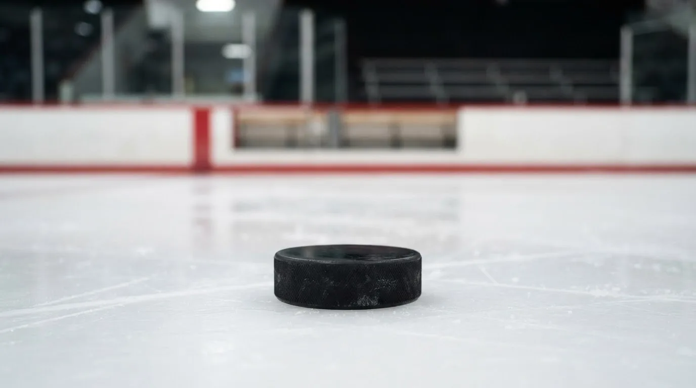 Ein Eishockeypuck liegt auf dem Eis, im Hintergrund unscharf die Bande unter hellem Hallenlicht.
