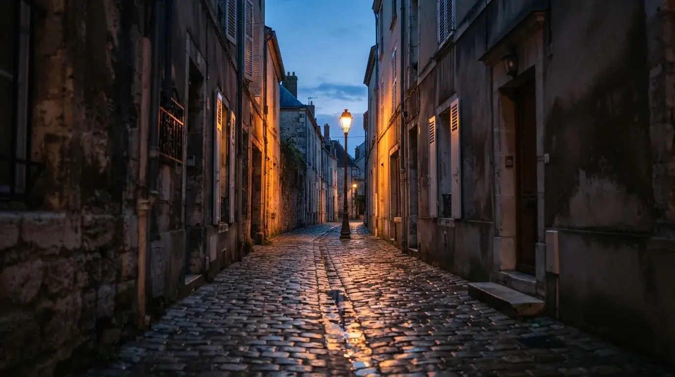 Eine Strassenlaterne in einer leeren Gasse am Abend, das nasse Kopfsteinpflaster spiegelt das warme Licht.