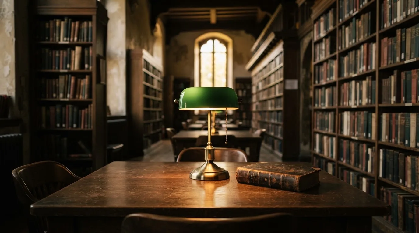 Eine Bibliothek mit hohen Holzregalen voller Bücher, im Vordergrund ein Lesetisch mit grüner Lampe.