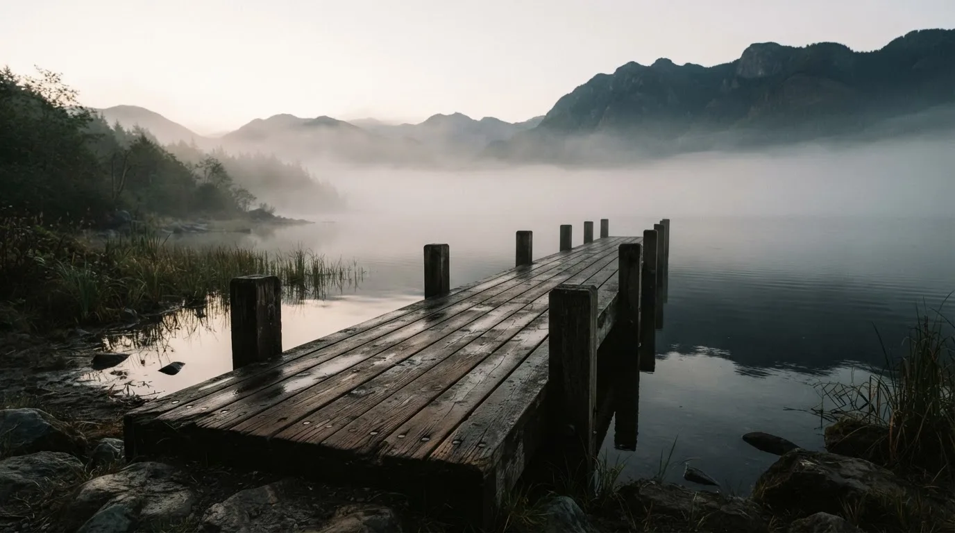 Ein Seeufer mit einem hölzernen Steg, Nebel liegt über dem Wasser, am anderen Ufer erheben sich Berge.