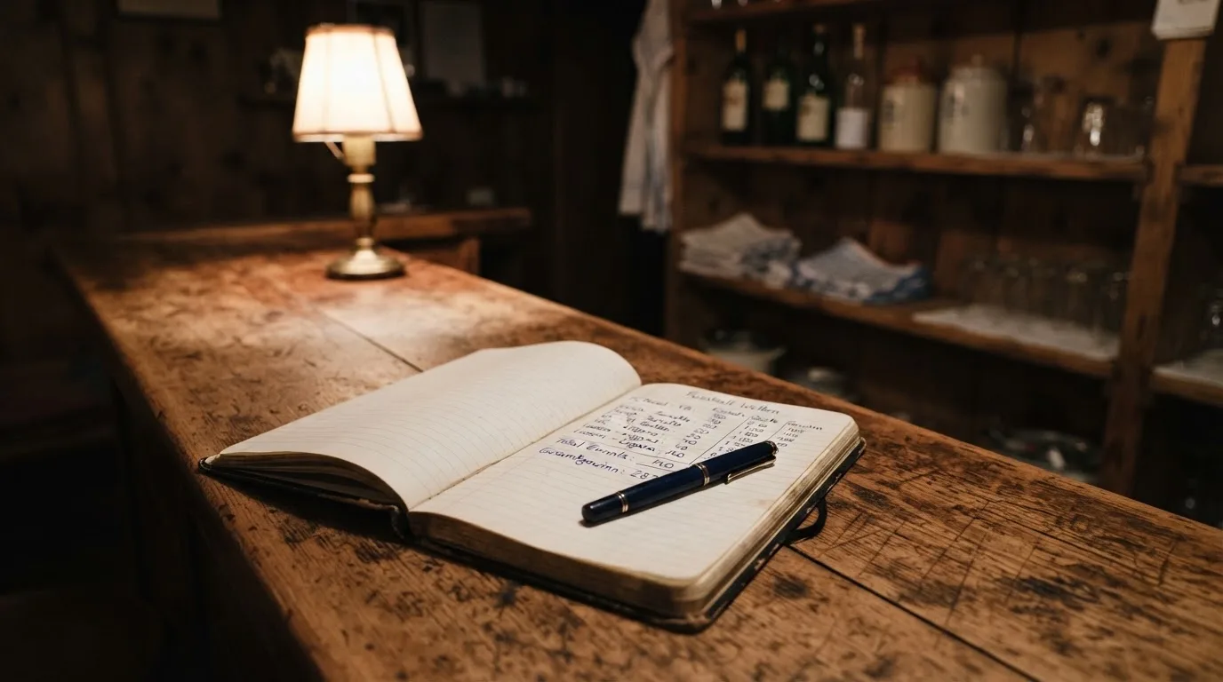 Ein alter Holztresen mit einem Notizbuch und einem Taschenrechner in warmem Lampenlicht, Regale im Hintergrund.
