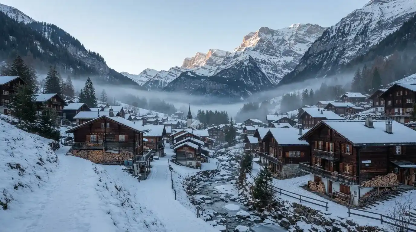 Ein Bergdorf mit Holzhäusern im Tal an einem klaren Morgen, über den Dächern liegen Nebelschwaden und darüber Gipfel.