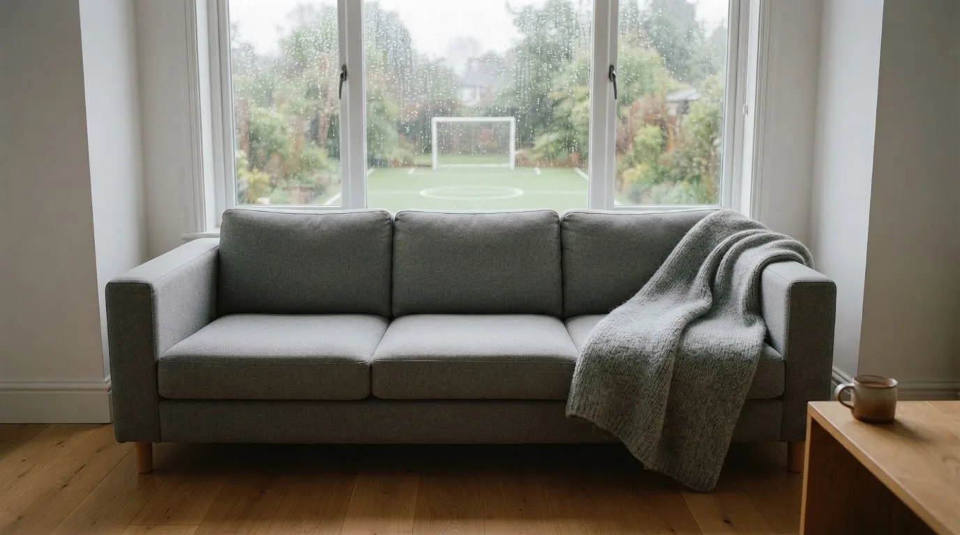 Ein Sofa mit Wolldecke steht vor einem grossen Fenster, draussen Regen und in der Ferne ein Fussballplatz.