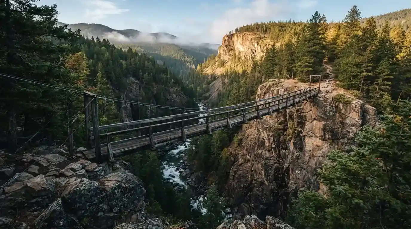 Eine Hängebrücke spannt sich über eine tiefe Schlucht, unten rauscht ein Fluss zwischen bewaldeten Felswänden.