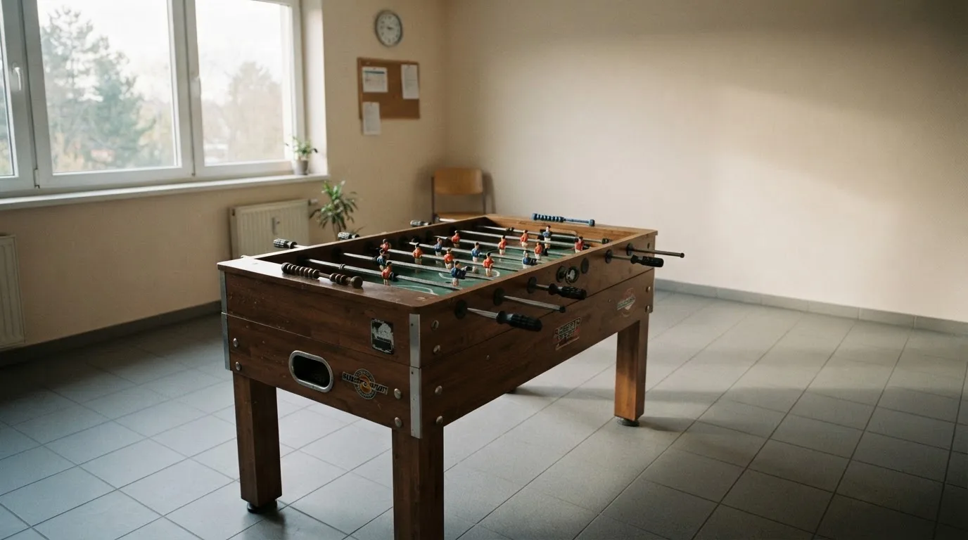 Ein Tischfussballtisch steht in einem leeren Aufenthaltsraum, Nachmittagslicht fällt durch ein Fenster.