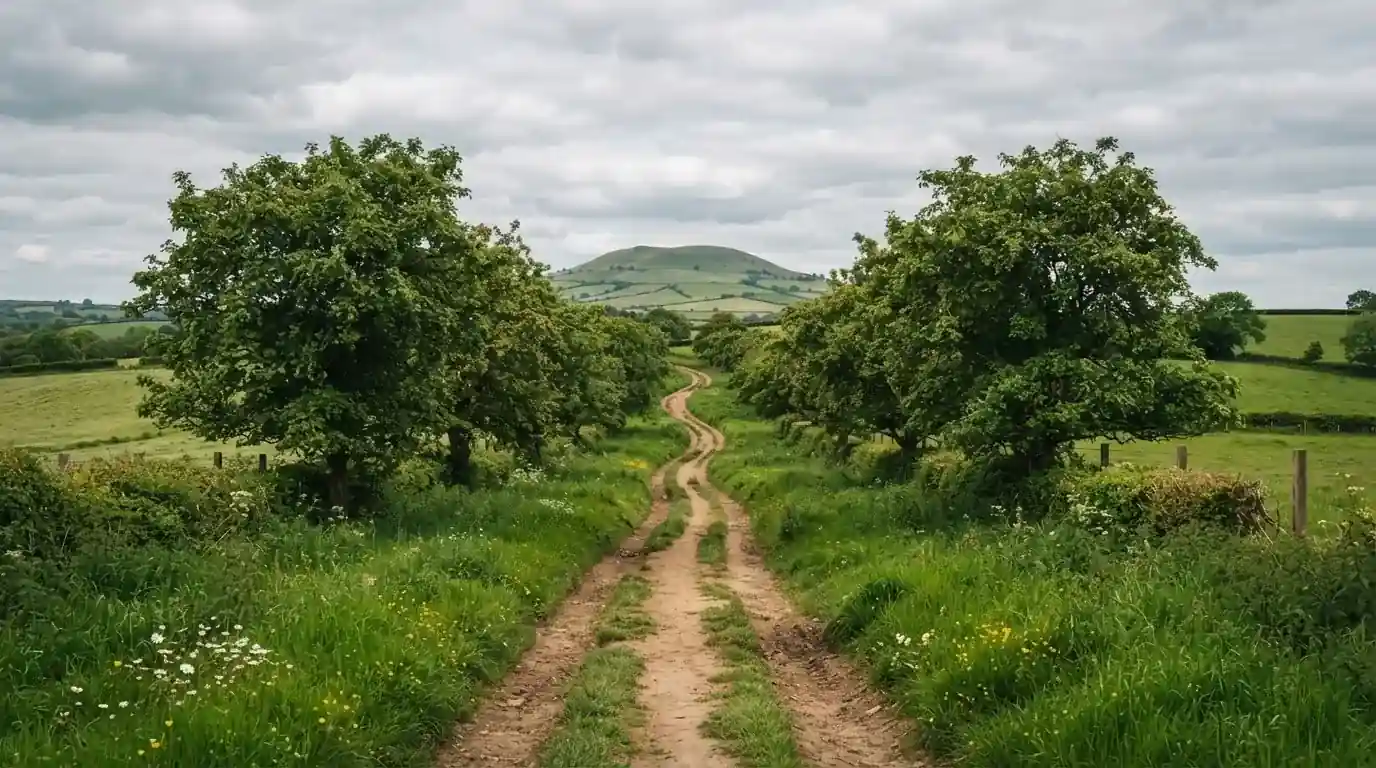 Ein Feldweg führt zwischen Wiesen zu einem Hügel, der Himmel ist bewölkt, am Wegrand stehen Obstbäume.