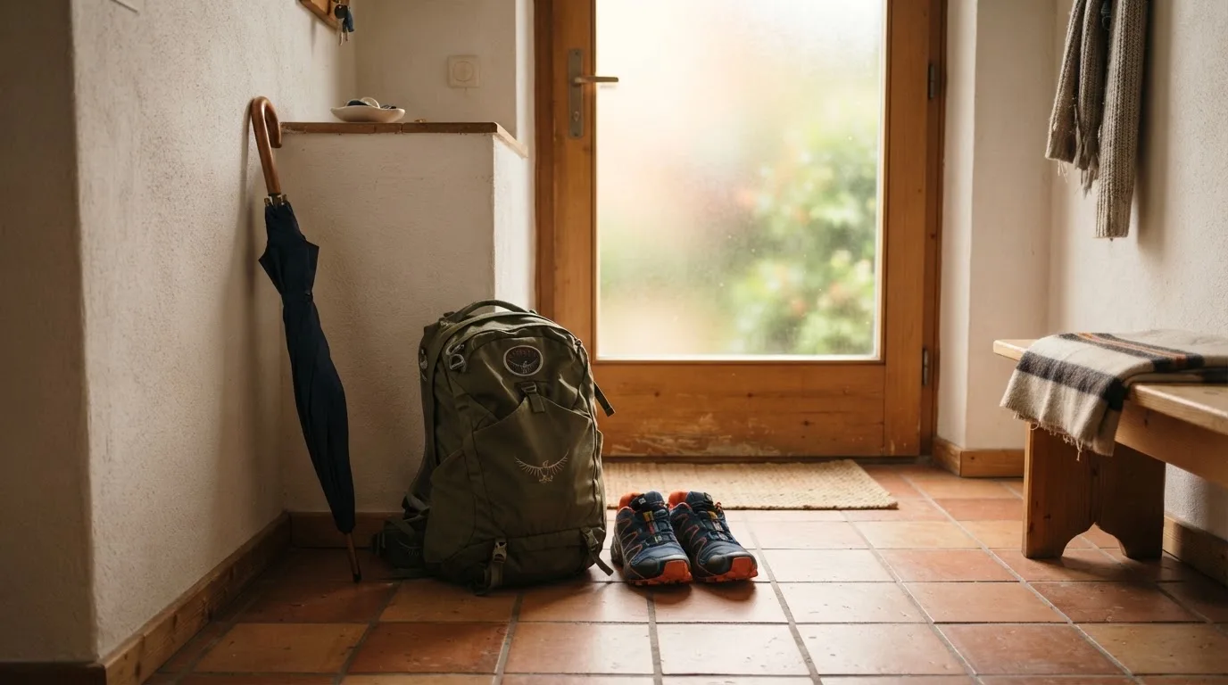 Ein Rucksack und Turnschuhe stehen an einer Haustür, daneben ein Regenschirm, durch das Glas fällt Morgenlicht.