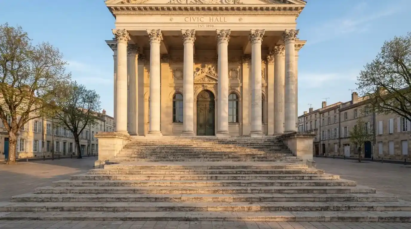 Eine breite Steintreppe führt zu einem Gebäude mit Säulen, die Morgensonne scheint, niemand ist zu sehen.