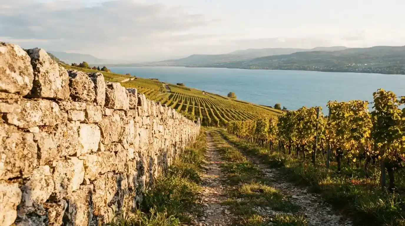Eine Mauer aus Natursteinen am Wegrand, dahinter Weinberge, die zu einem See hinabführen.