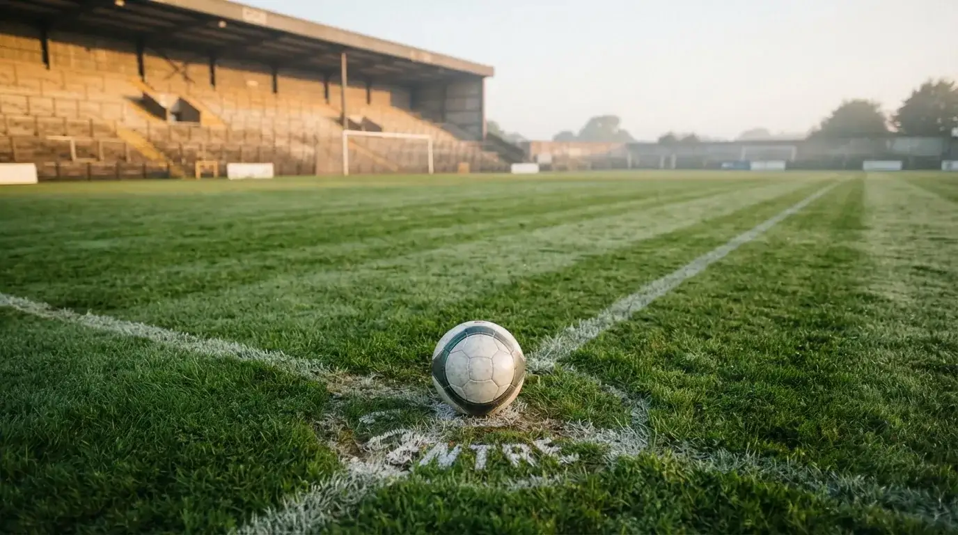 Ein Fussball liegt auf dem Anstosspunkt eines leeren Rasenplatzes im frühen Morgenlicht, dahinter erhebt sich eine menschenleere Tribüne.