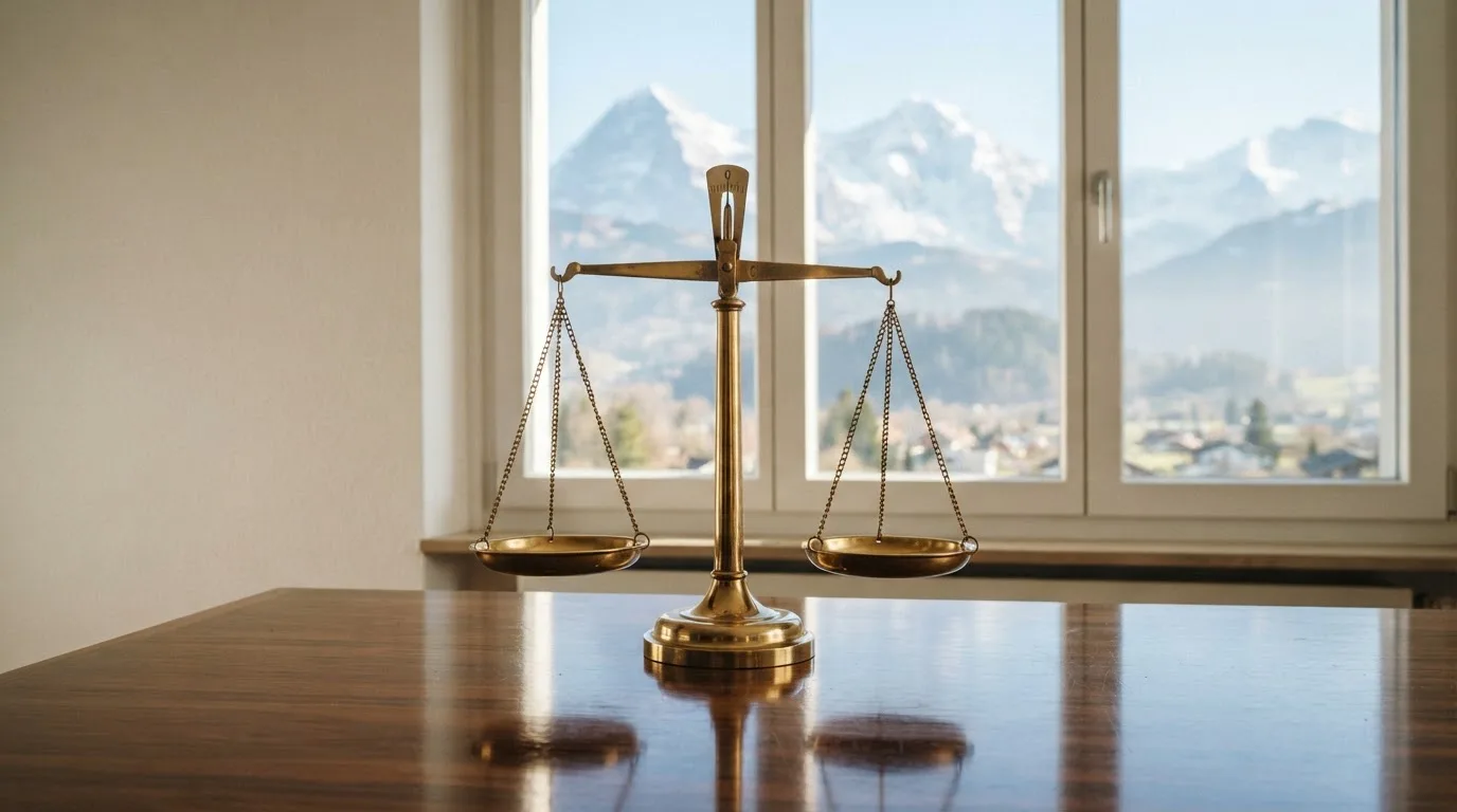 Eine Waage aus Messing steht auf einem polierten Schreibtisch in einem hellen Büro, durch das Fenster sind ferne Berge zu sehen.