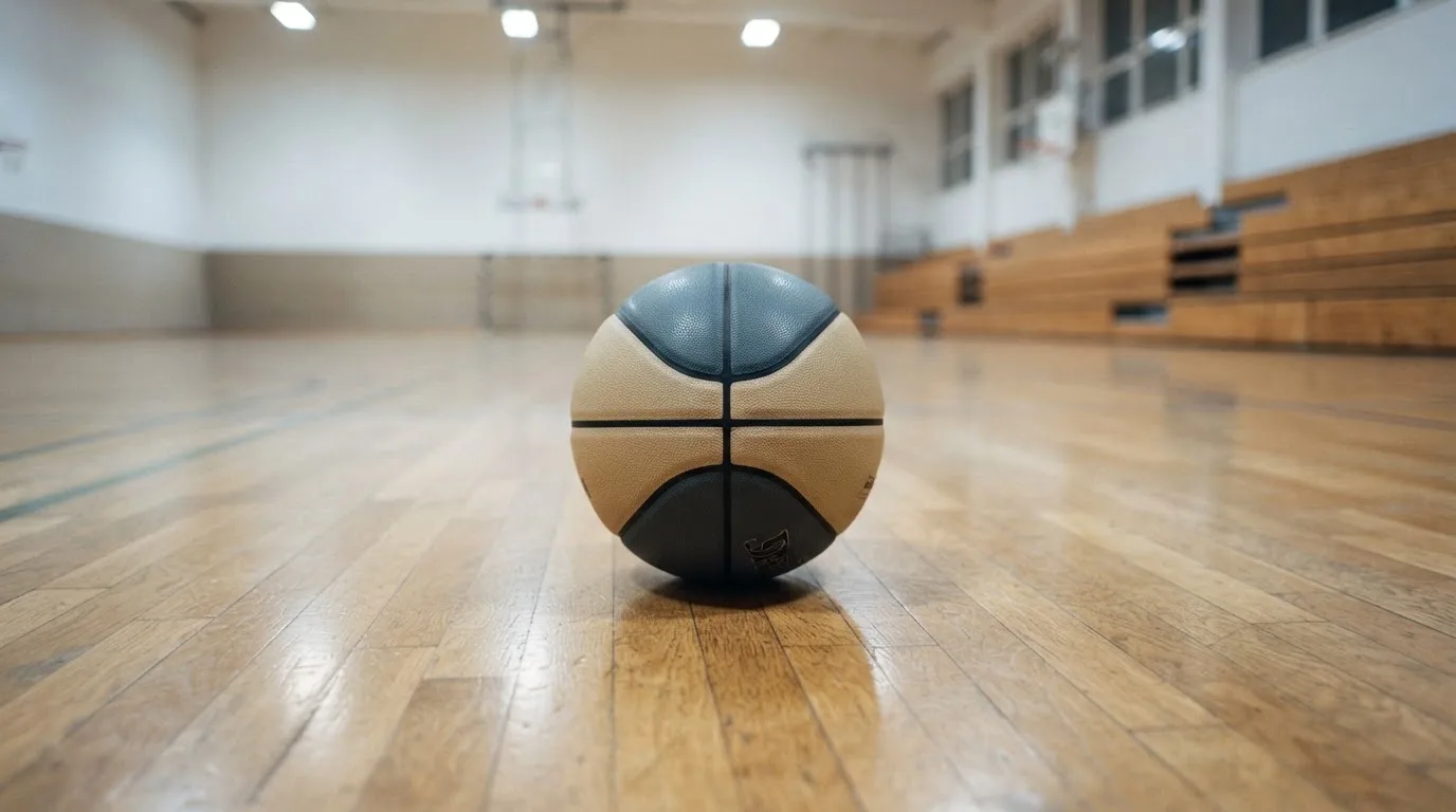 Ein Basketball liegt auf dem Parkett einer leeren Halle, von den Deckenlampen fällt gleichmässiges Licht auf den Boden.