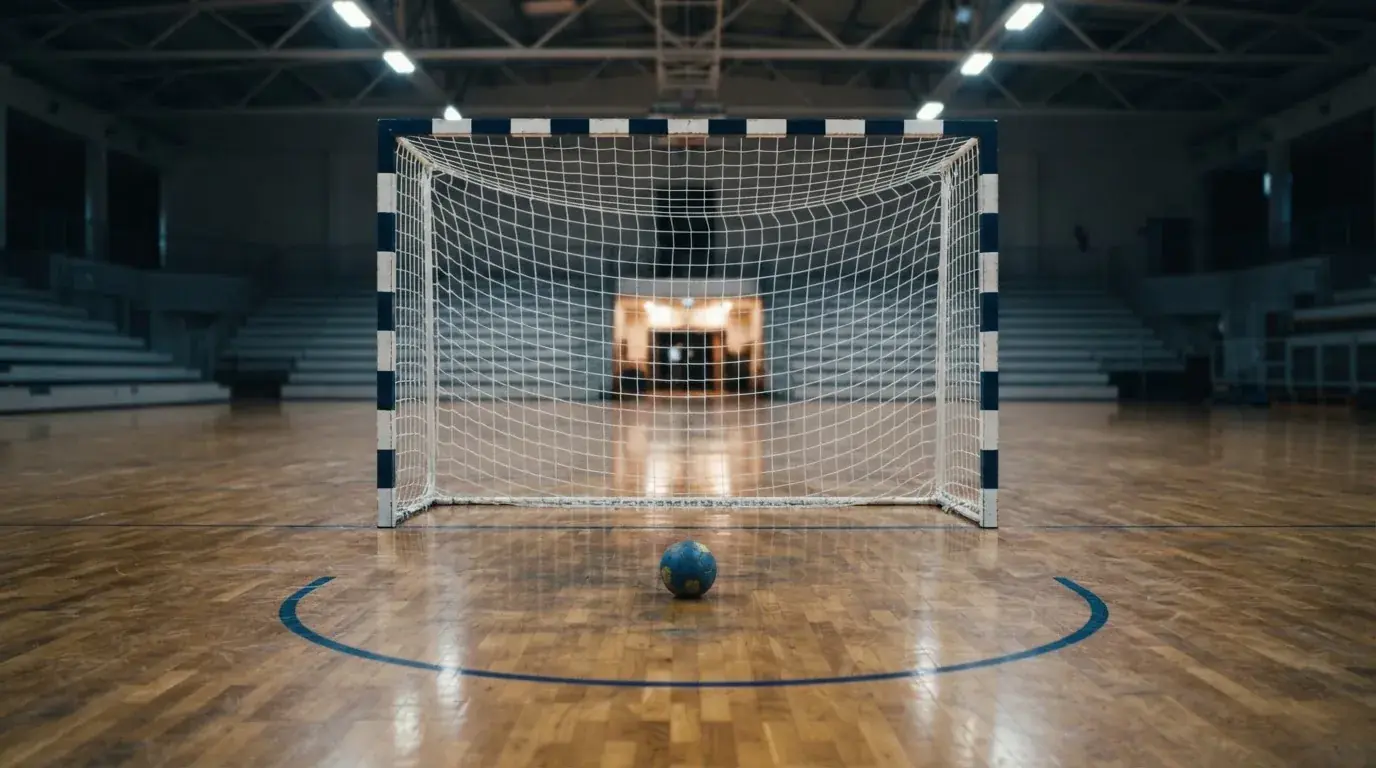 Ein Handballtor in einer leeren Sporthalle, der Ball liegt im Torraum und das Hallenlicht spiegelt sich im Parkett.
