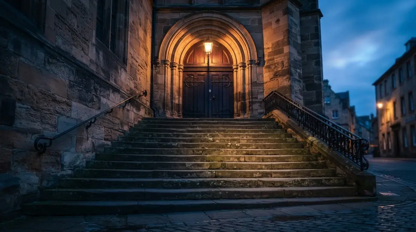Eine breite Steintreppe führt zu einem hohen Portal aus dunklem Holz, das Licht der Dämmerung liegt auf den Stufen.