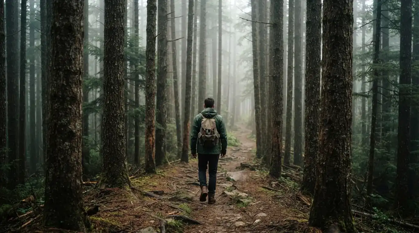 Eine Person von hinten auf einem Waldweg, die langsam zwischen hohen Tannen geht.