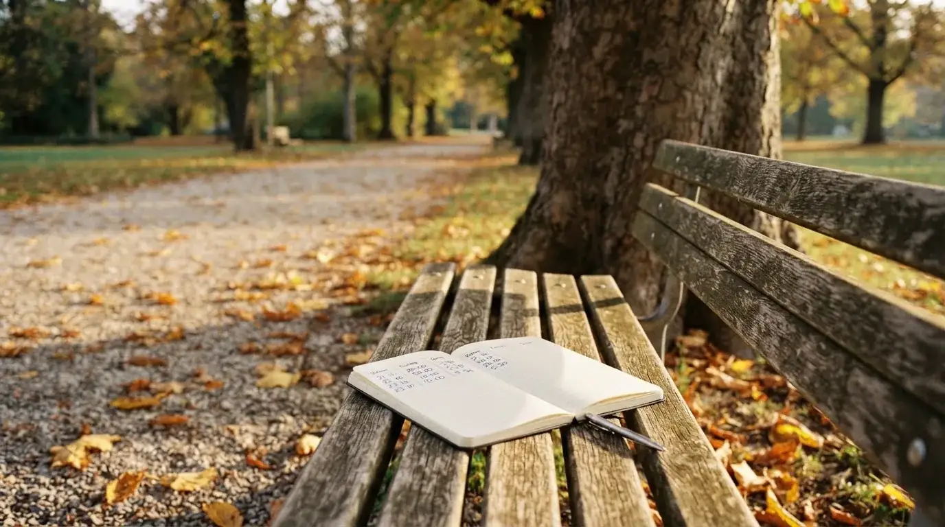Eine Parkbank unter einer Kastanie im Herbst, auf dem Kiesweg liegen gelbe Blätter.