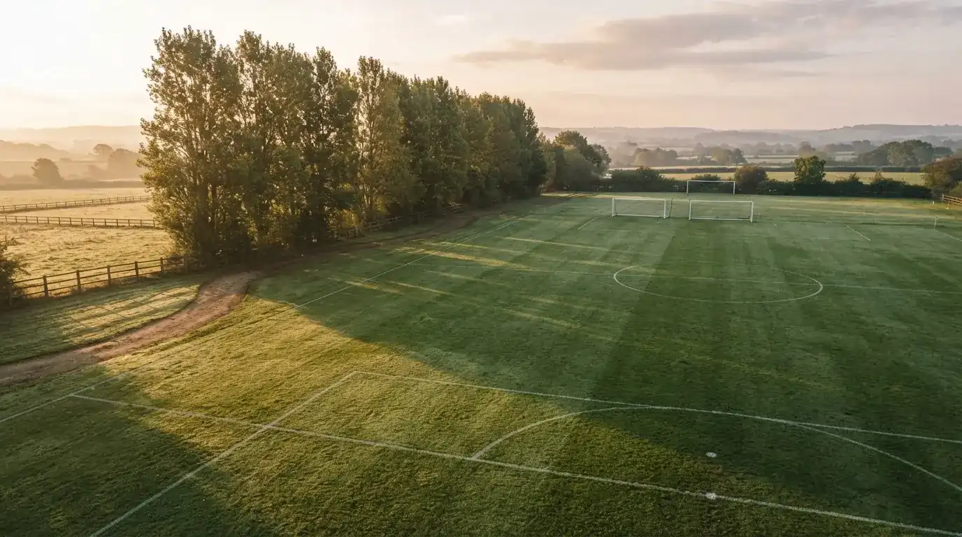 Ein leerer Fussballplatz mit weissen Linien von oben gesehen im Morgenlicht, am Rand stehen zwei Tore und eine Reihe Pappeln.