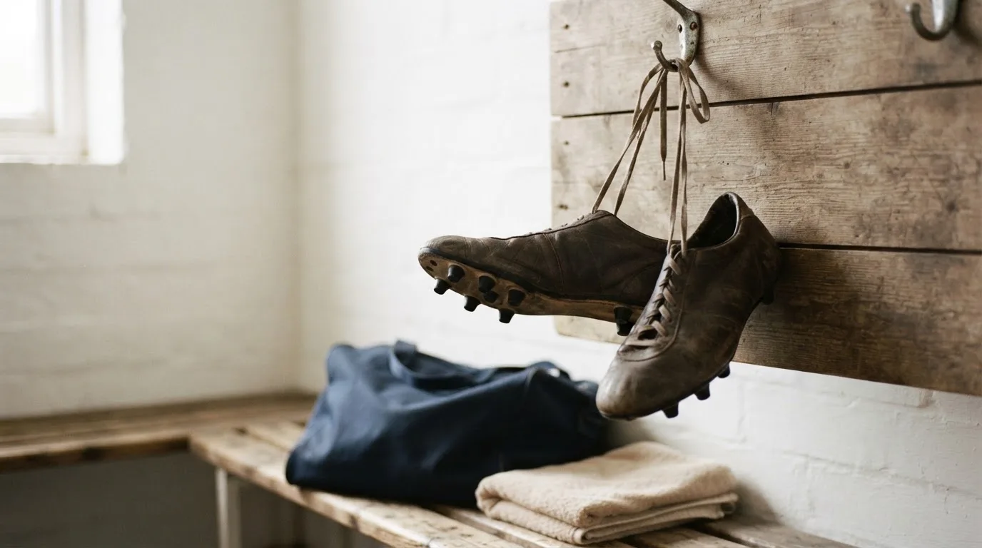 Ein Paar Fussballschuhe hängt an einem Haken in einer ruhigen Umkleide, darunter steht eine Sporttasche auf einer Holzbank.