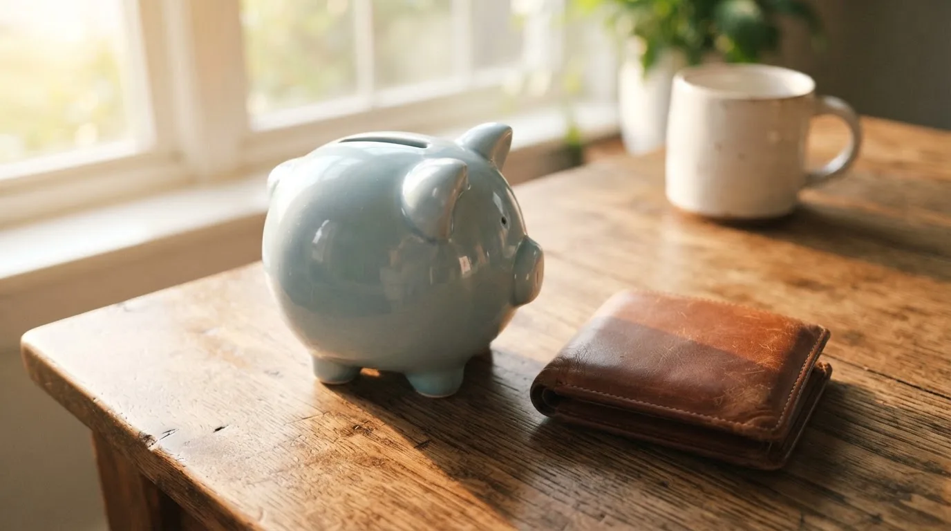 Ein Sparschwein aus Keramik steht auf einem Küchentisch neben einer leeren Geldbörse im Licht des Morgens.