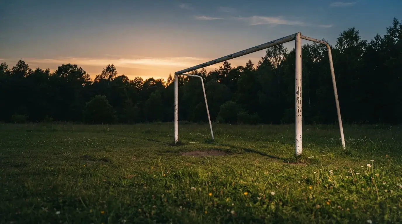 Ein Fussballtor ohne Netz steht auf einer Wiese am Waldrand, die Abenddämmerung färbt den Himmel orange.