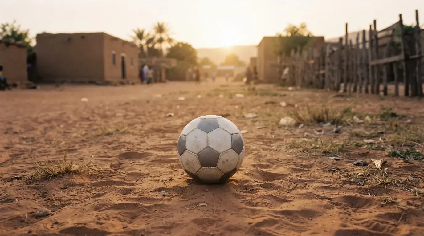 Ein Fussball liegt auf rotbraunem Sand am Rand eines Dorfes, die Abendsonne wirft lange Schatten.