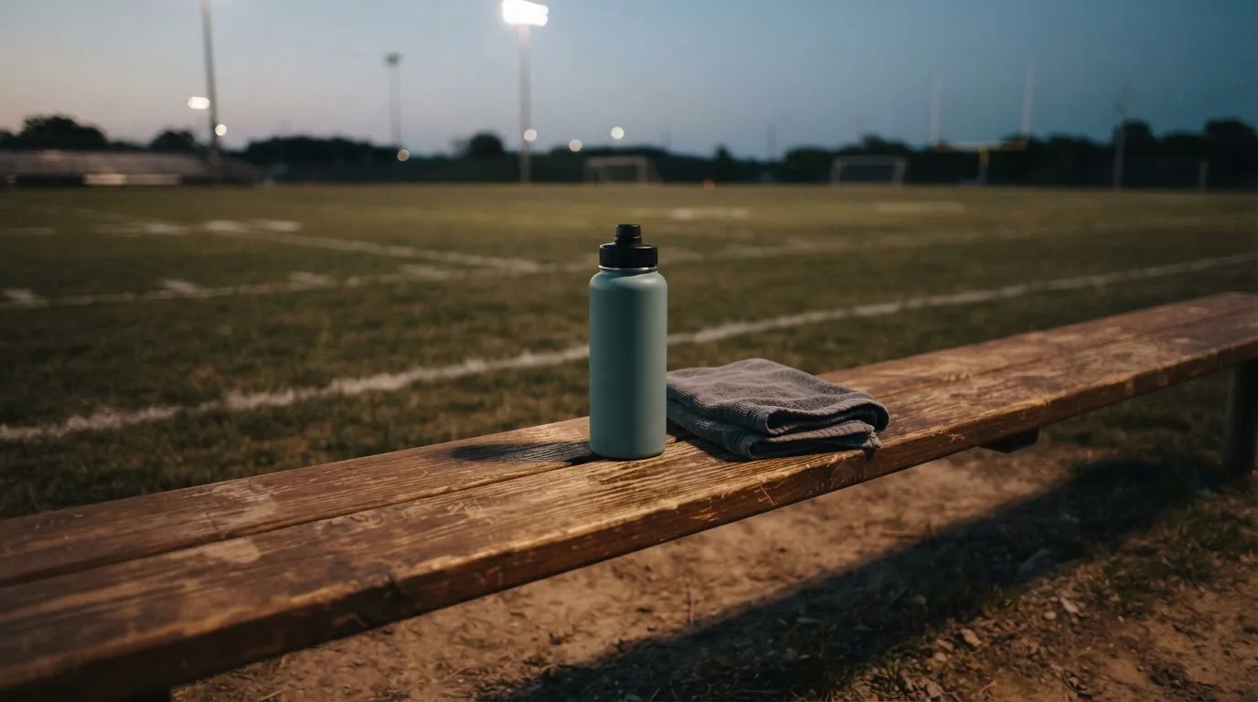 Eine Trinkflasche und ein Handtuch liegen auf einer Holzbank am leeren Spielfeldrand unter dem Licht der Flutlichter.