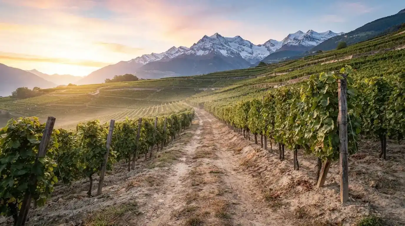 Ein Feldweg zwischen Weinreben im Wallis bei Sonnenaufgang, im Hintergrund hohe Berge und klare Luft.