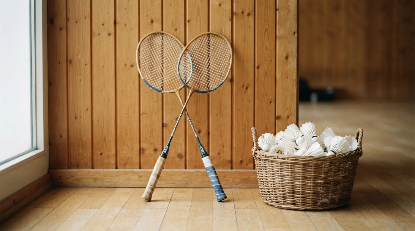 Zwei Badmintonschläger lehnen gekreuzt an einer Hallenwand aus Holz, daneben steht ein Korb mit Federbällen.
