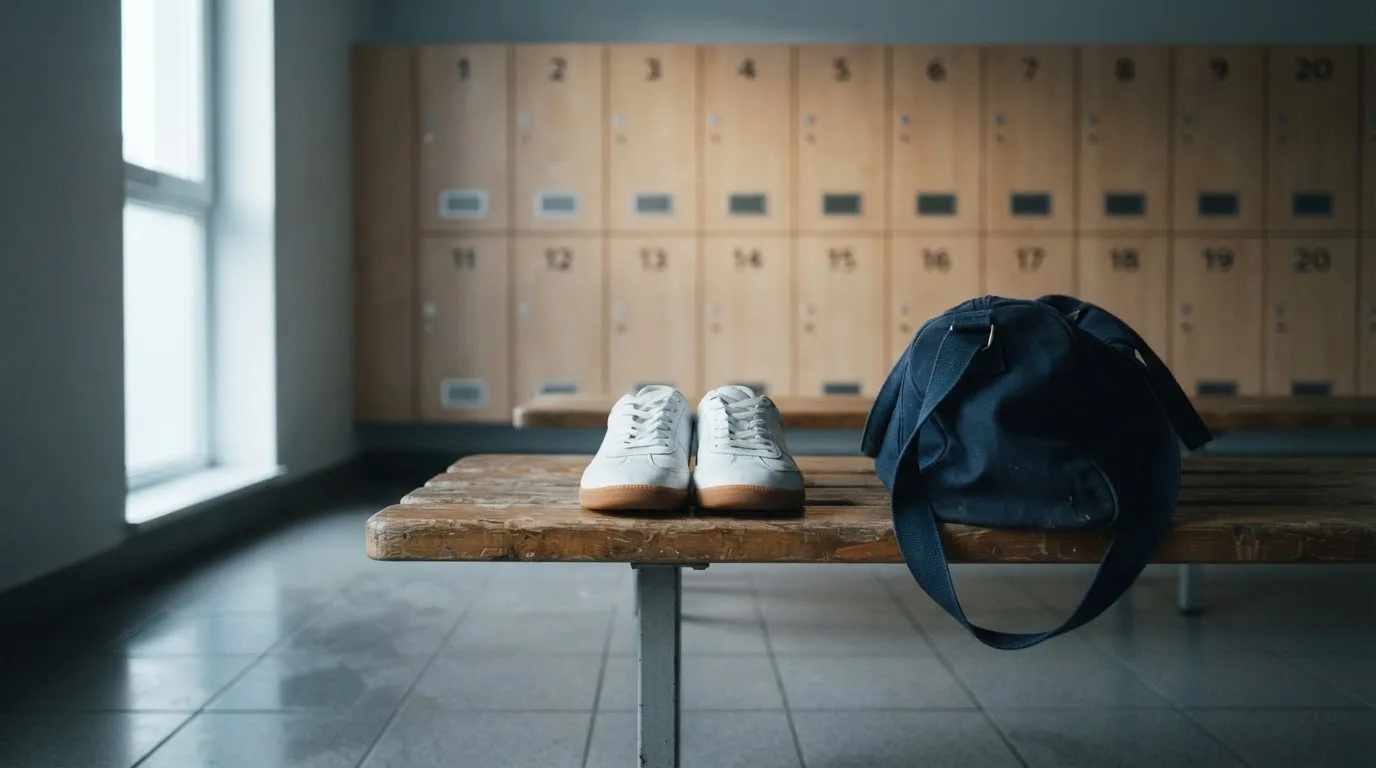 Ein Paar Hallenschuhe steht ordentlich neben einer Sporttasche auf einer Bank in einer leeren Garderobe, ein Fenster lässt Morgenlicht herein.
