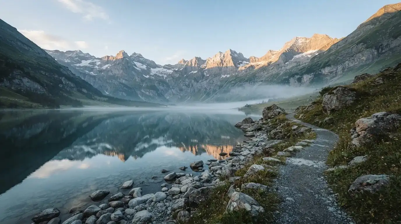 Ein Bergsee mit ruhigem Wasser und Gipfeln im Morgenlicht, am Ufer liegen glatte Steine.