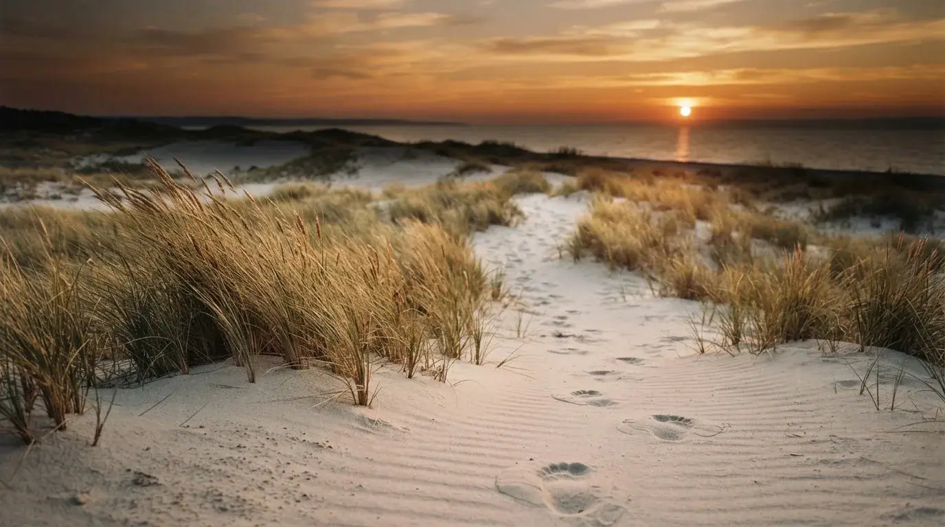 Spuren im Sand führen durch Dünengras auf den Horizont zu, die Sonne steht tief und färbt den Himmel orange.