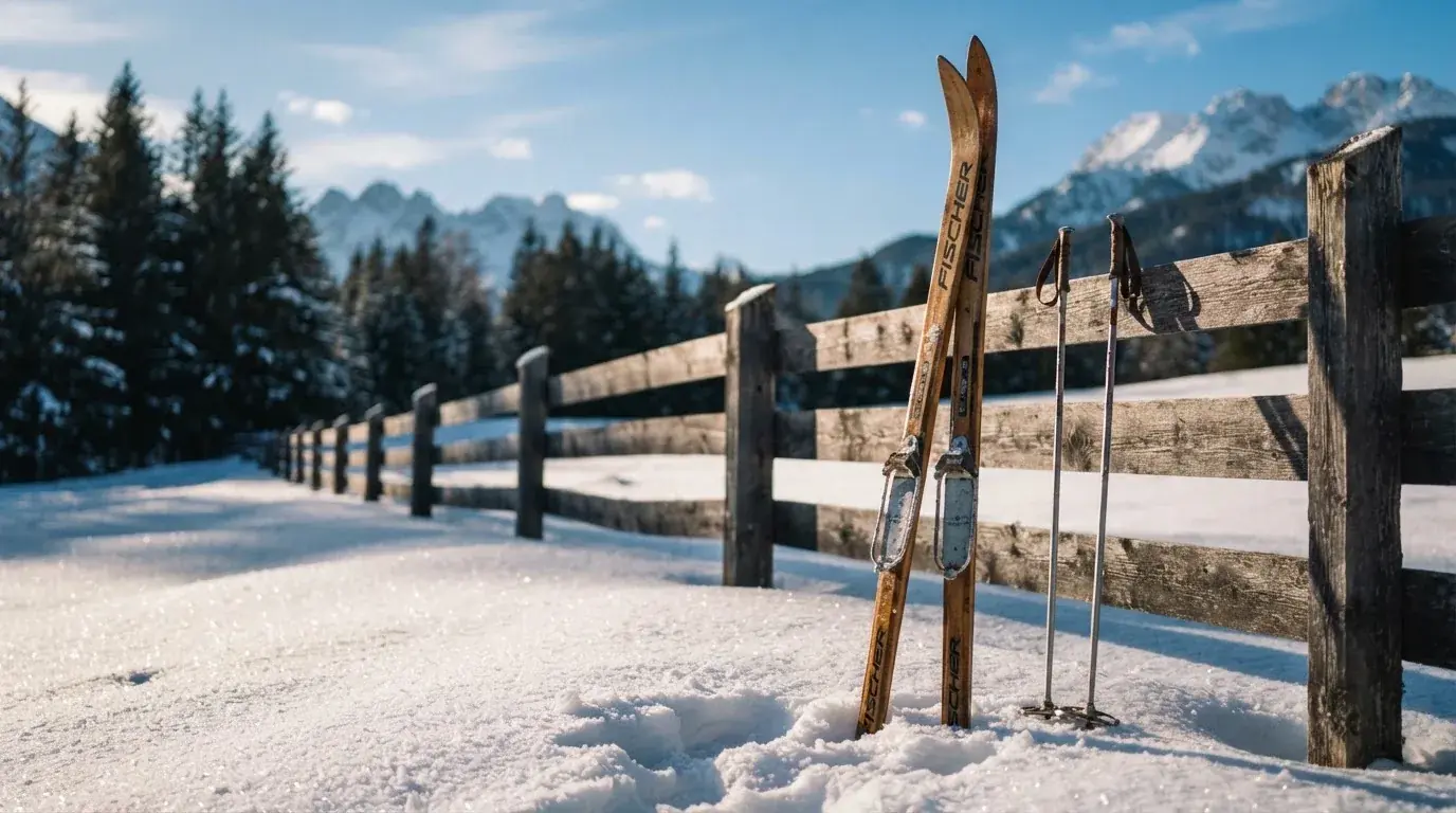Ein Paar Langlaufskier steckt aufrecht im Schnee neben einem Holzzaun, die Sonne glitzert auf Eiskristallen.