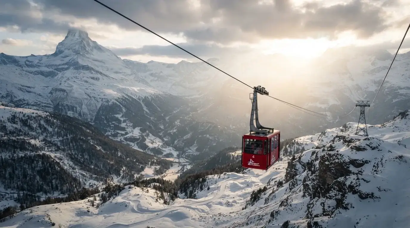 Eine Seilbahnkabine schwebt über einem verschneiten Tal, die Sonne bricht durch die Wolken und beleuchtet die Hänge.