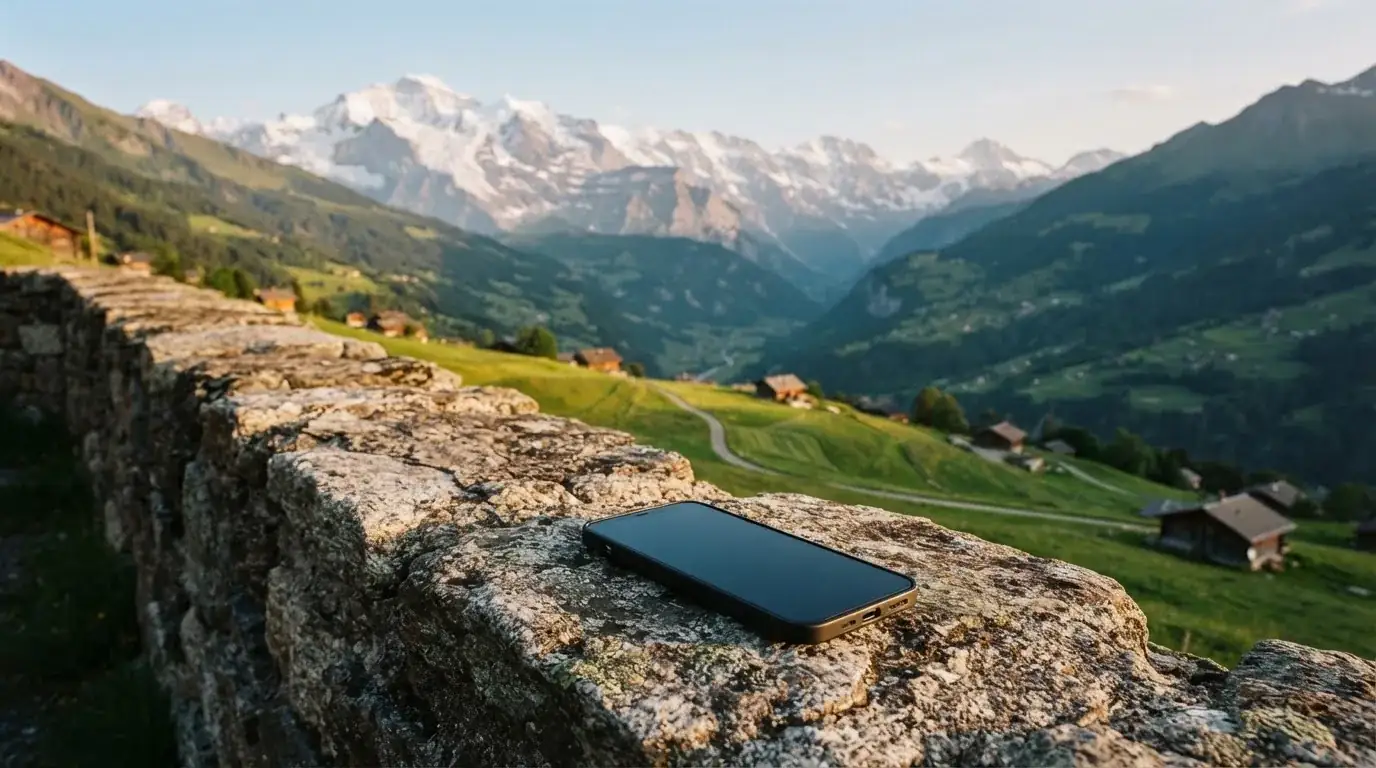 Ein Smartphone mit dunklem Display liegt auf einer Steinmauer, dahinter ein Alpental im Abendlicht