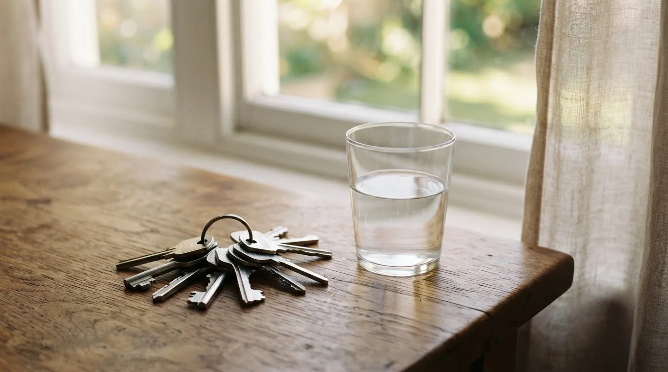 Ein Schlüsselbund und ein Glas Wasser stehen auf einem Holztisch im Licht eines Fensters
