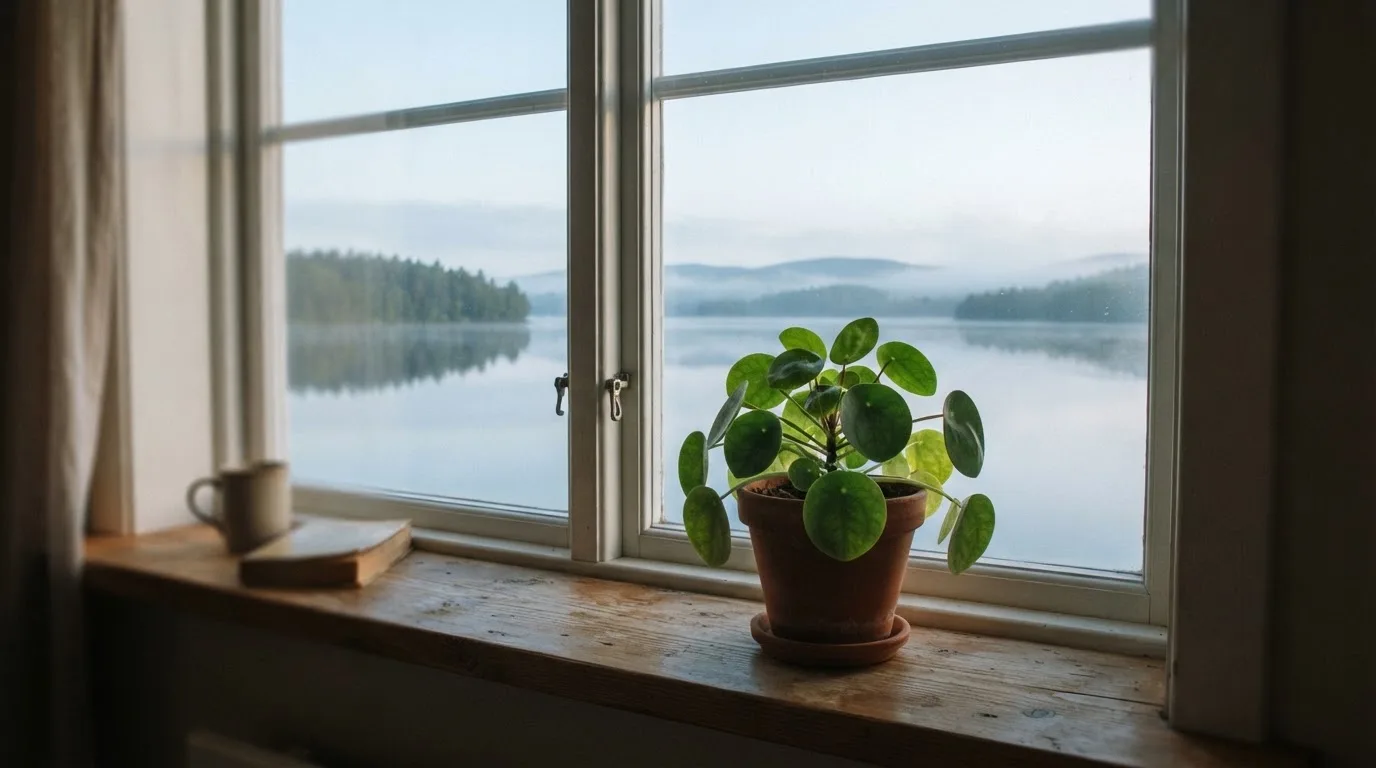 Eine Topfpflanze auf einem Fensterbrett mit weitem Blick über einen stillen See am Morgen