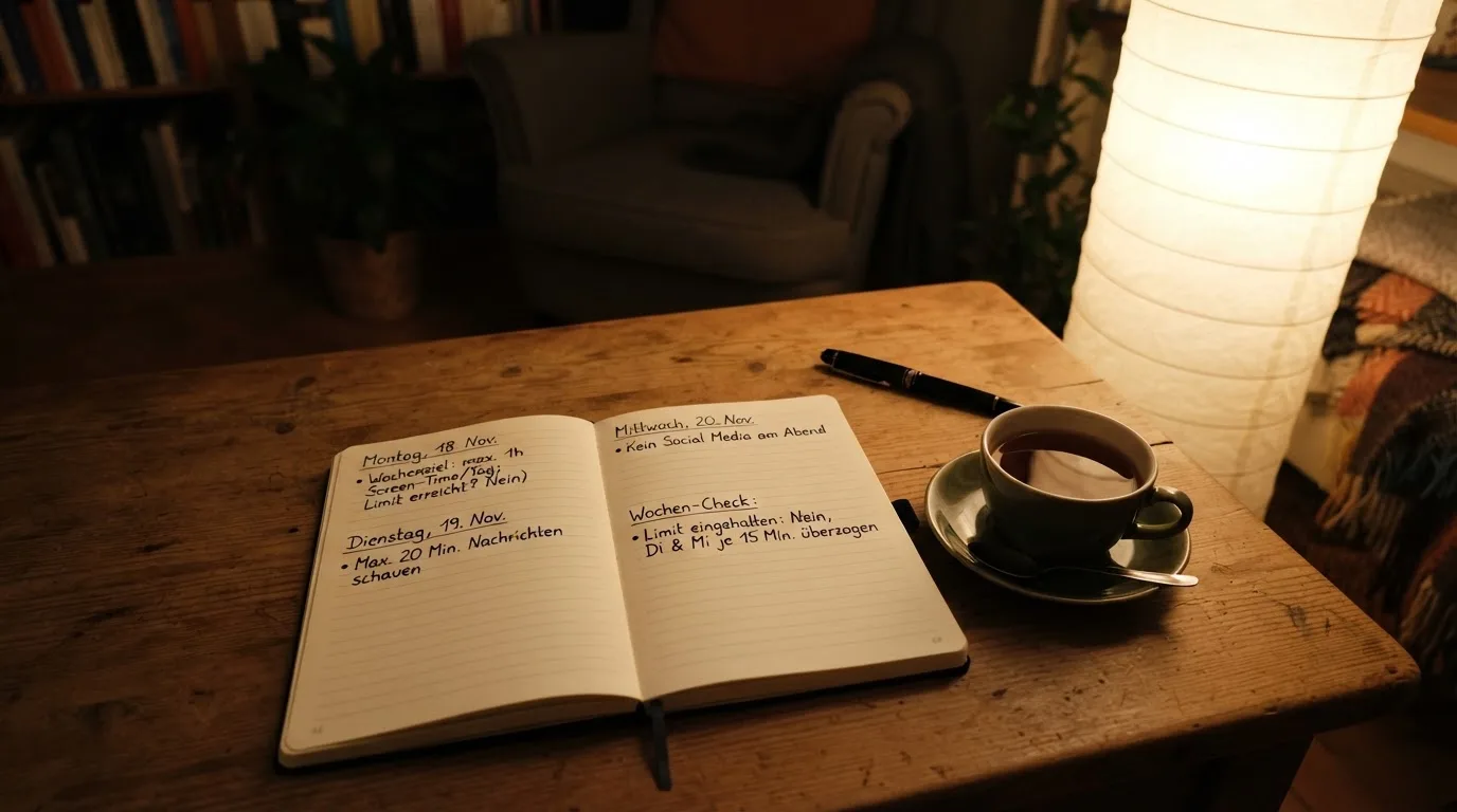Ein Notizbuch mit handschriftlichen Einträgen und eine Tasse Tee stehen auf einem Tisch neben einer Stehlampe
