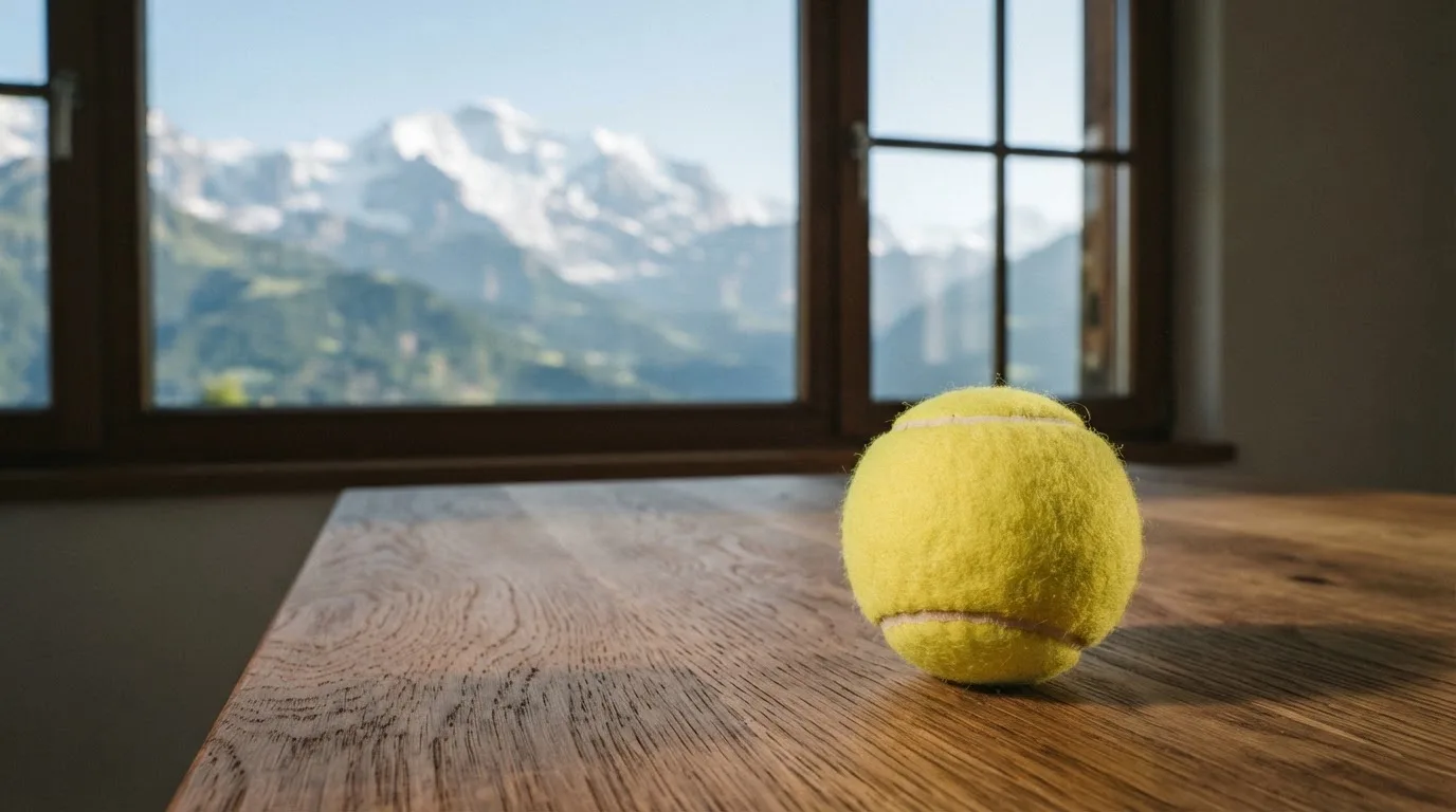 Ein einzelner gelber Tennisball liegt auf einem Holztisch vor einem Fenster mit Alpenblick