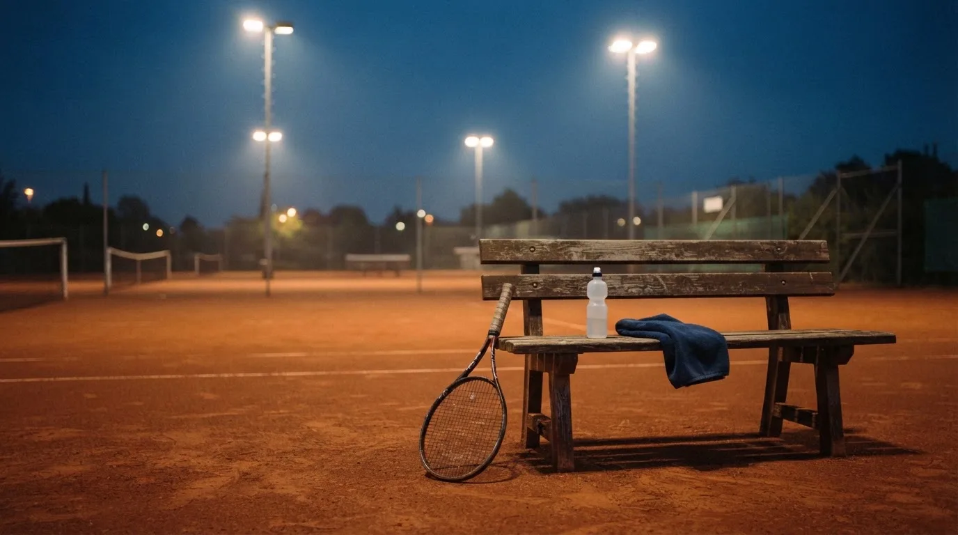 Ein Tennisschläger lehnt an einer Bank neben einer Wasserflasche, am Abend ruht der Platz im Flutlicht, aus der Ferne gesehen