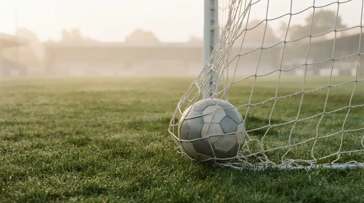 Ein Fussball liegt im Netz hinter einem Tor, weicher Morgennebel hängt über dem Rasen