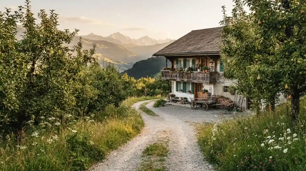 Ein Kiesweg führt durch einen Obstgarten zu einem Bauernhaus mit Holzbalkon, über dem Tal liegt Abendlicht