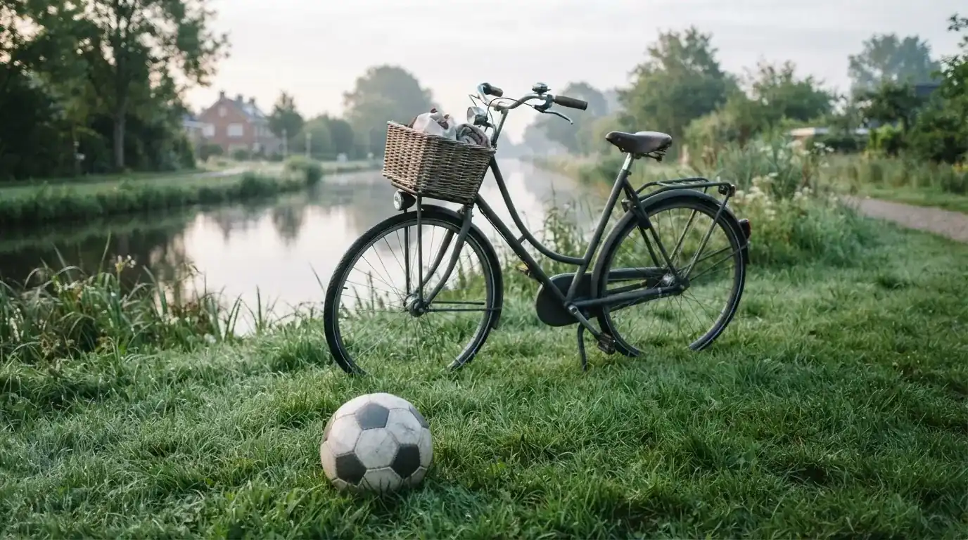 Ein Fussball liegt auf einer Wiese neben einem Fahrrad, im Hintergrund ein Kanal im Morgenlicht