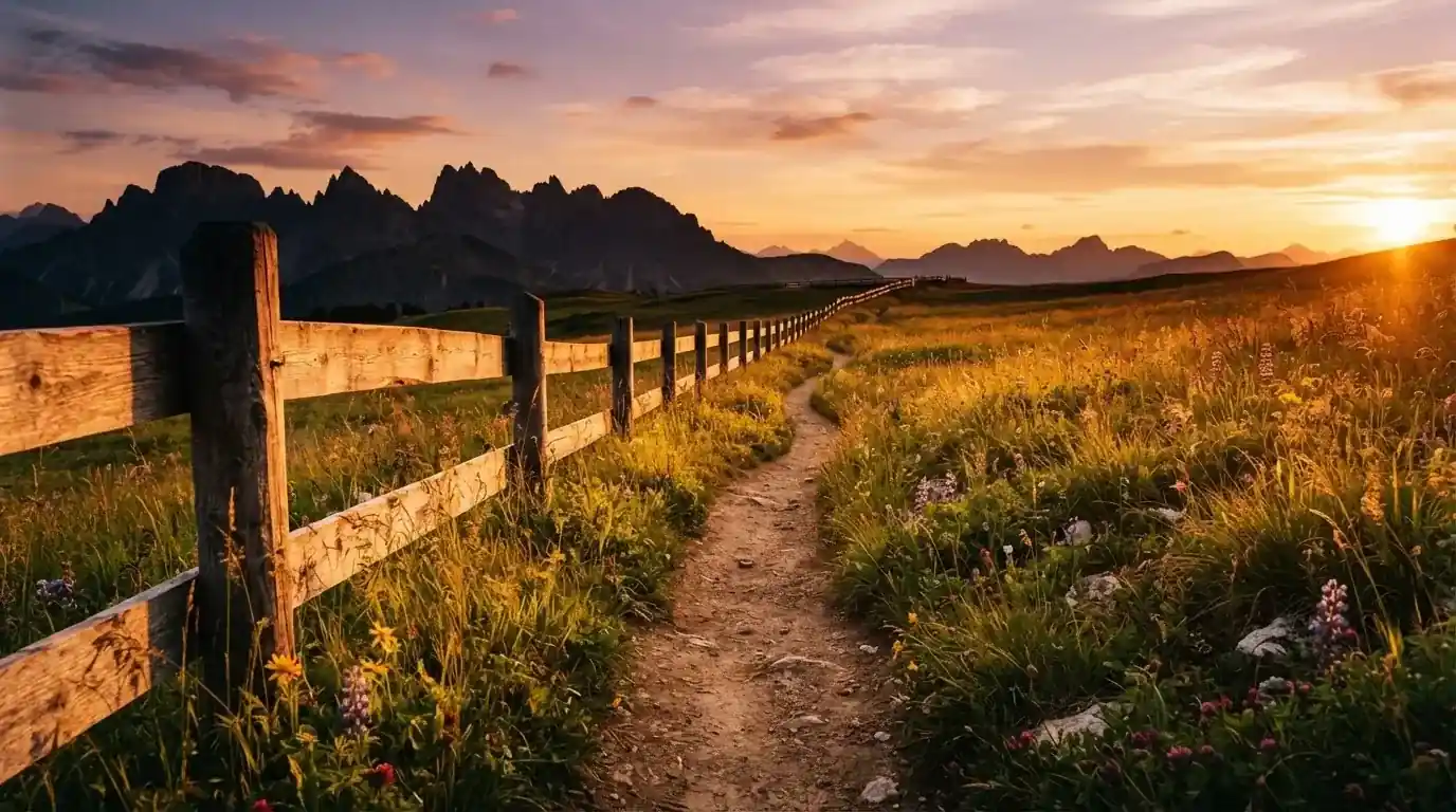 Ein Wanderweg führt durch eine Almwiese im Sonnenuntergang, am Wegrand steht ein Holzzaun