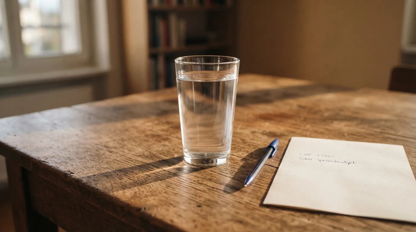 Ein Glas steht bis zum Rand gefüllt auf einem Holztisch, daneben ein Kugelschreiber und ein leeres Blatt Papier im Seitenlicht.