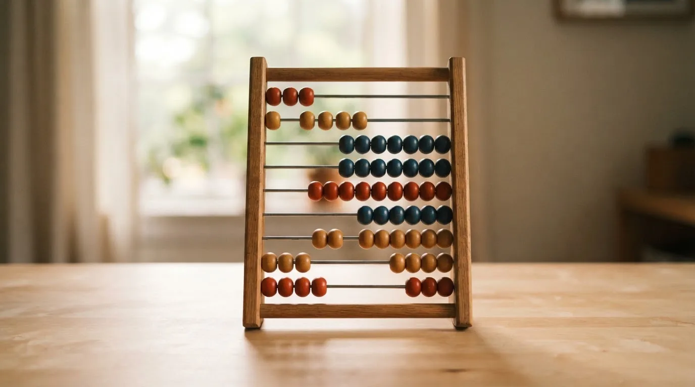 Ein Abakus mit bunten Holzperlen steht auf einem hellen Schreibtisch vor einem unscharfen Fenster.