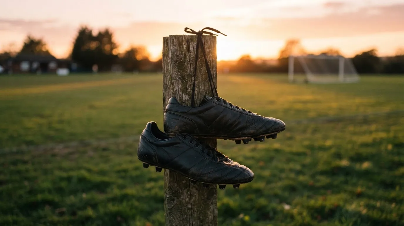 Ein Fussballschuh hängt an den Schnürsenkeln an einem Zaunpfosten neben einem Trainingsplatz im Abendlicht.