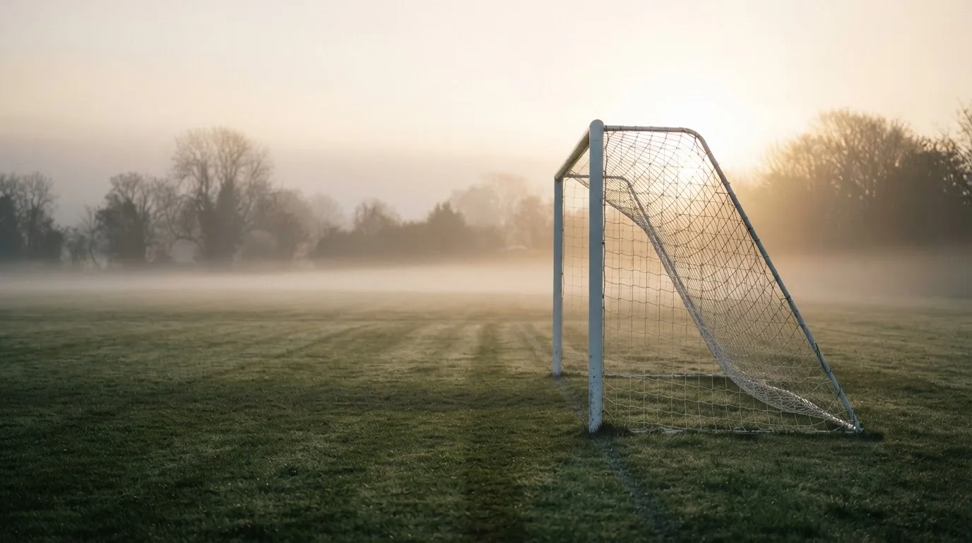 Ein Torpfosten mit Netz steht im Gegenlicht auf einem leeren Fussballplatz, über dem Rasen liegt Nebel.
